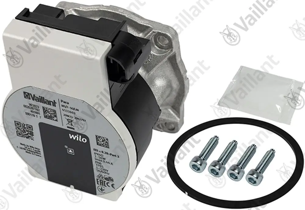 Vaillant Pumpenkopf mit Wilo-Motor, ergänzt durch vier Schrauben und eine Dichtung. Komponenten sind auf einem neutralen Hintergrund angeordnet.
